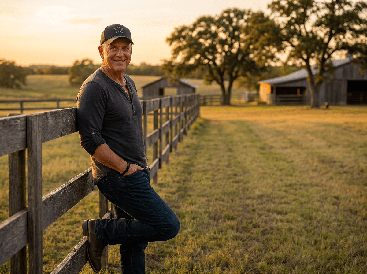 Tim Bennett smiling beside a ranch fence at sunset