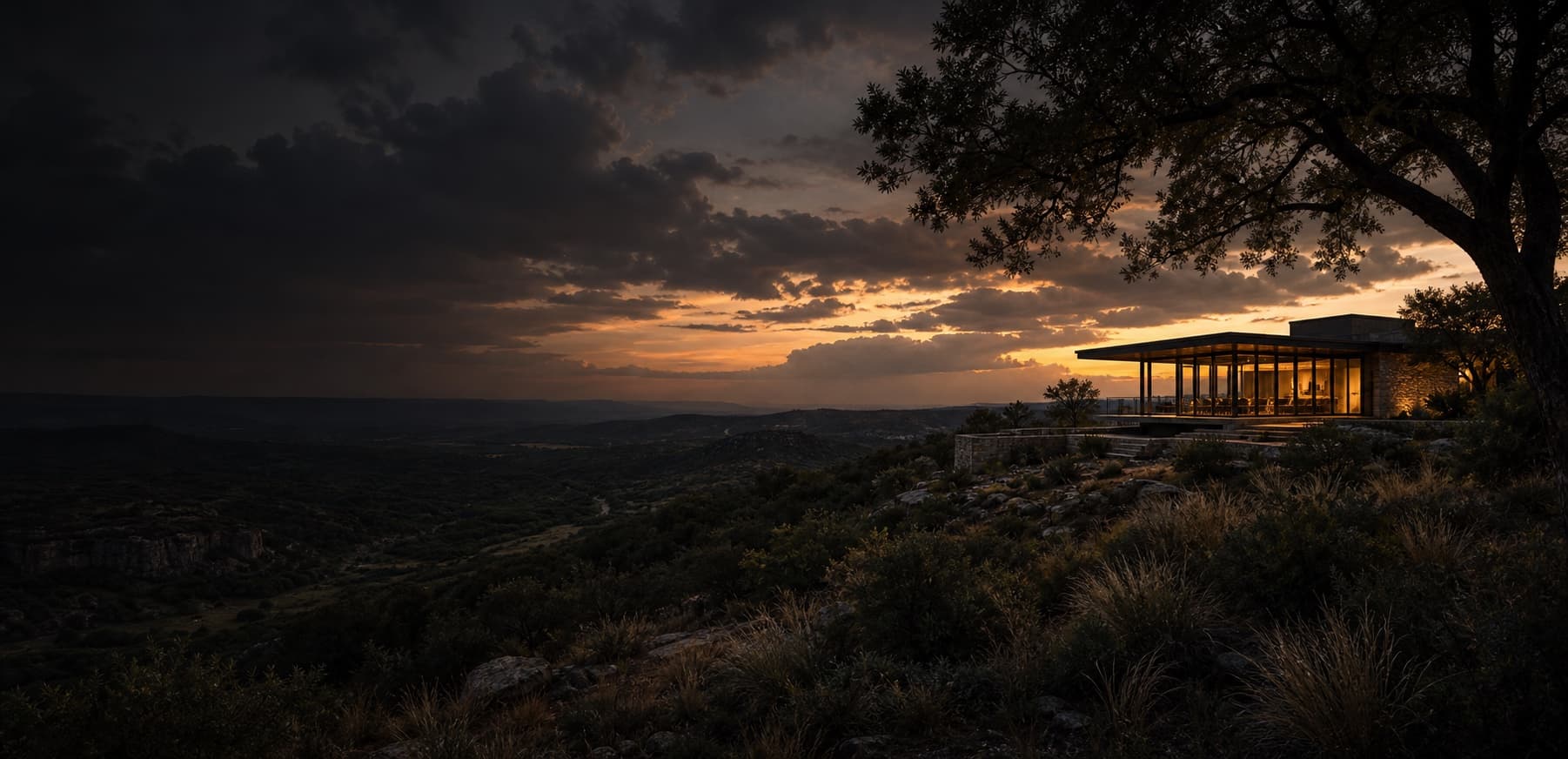 A contemporary retreat glowing at sunset